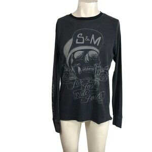 S&M Skull Roses Thermal Long Sleeve Shirt Mens Size Large Dark Gray y2k grunge